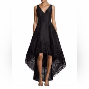 Betsy & Adam Black High-Low Lace Hem V-Neck Dress